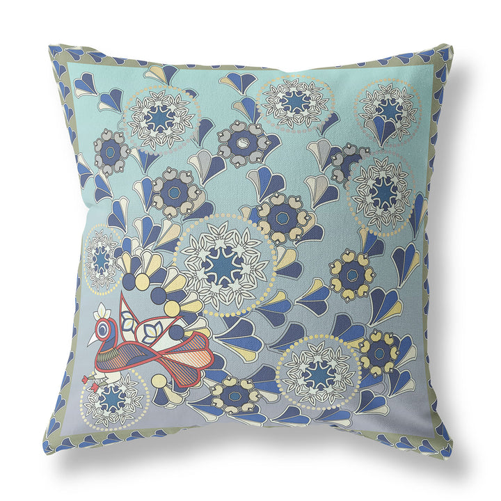 20" x 20" Aqua Peacock Blown Seam Floral Indoor Outdoor Throw Pillow