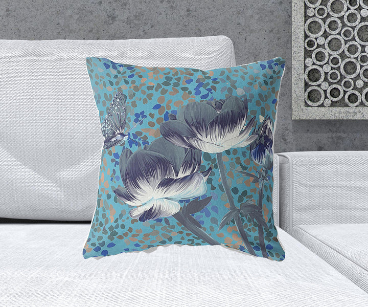 20" x 20" Blue and Green Blown Seam Floral Indoor Outdoor Throw Pillow