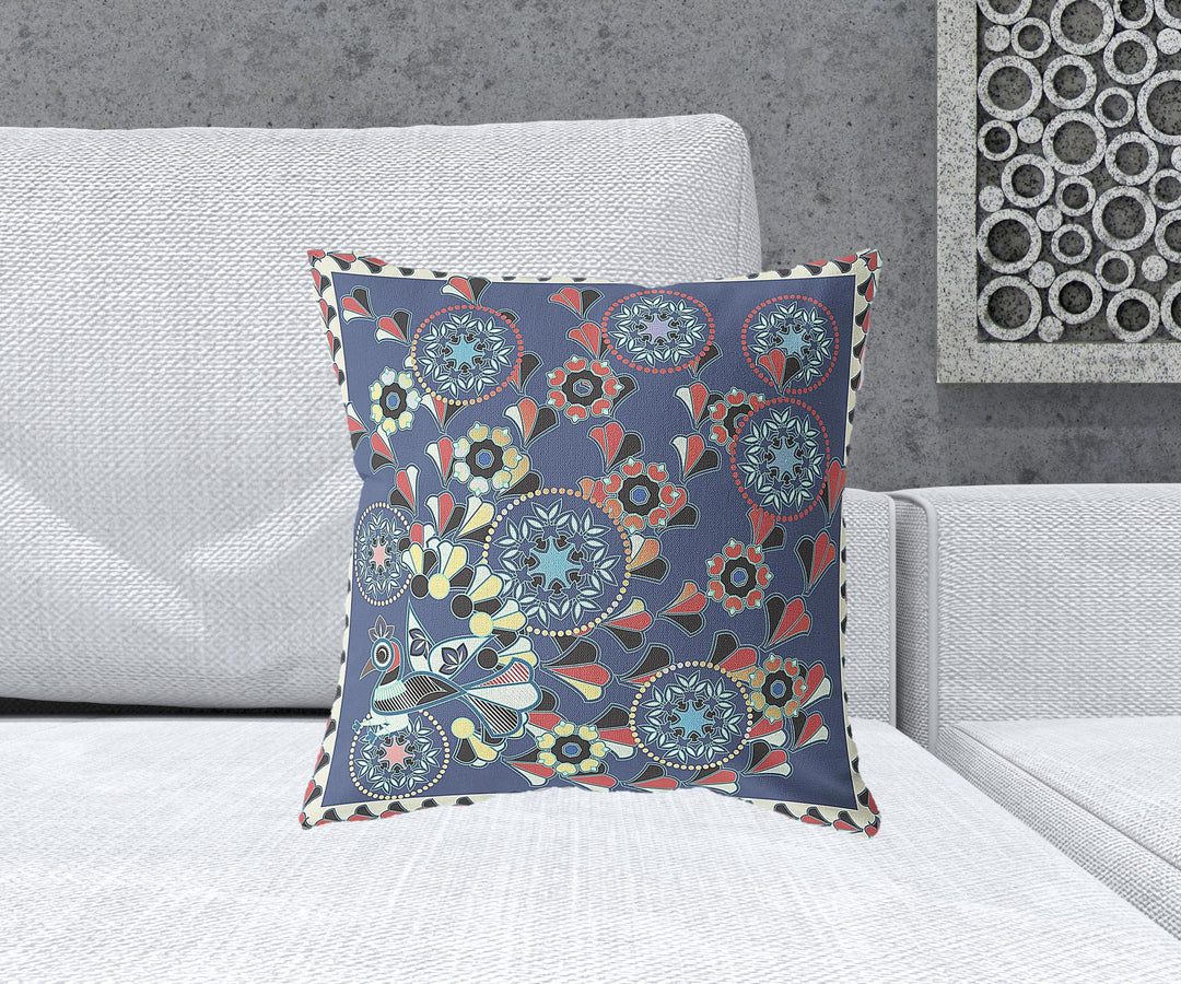 18" x 18" Blue and Off White Peacock Blown Seam Floral Indoor Outdoor Throw Pillow