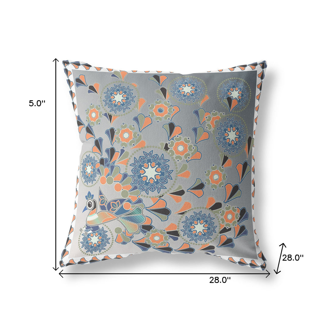 28" x 28" Gray and White Peacock Blown Seam Floral Indoor Outdoor Throw Pillow