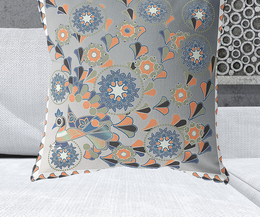 28" x 28" Gray and White Peacock Blown Seam Floral Indoor Outdoor Throw Pillow