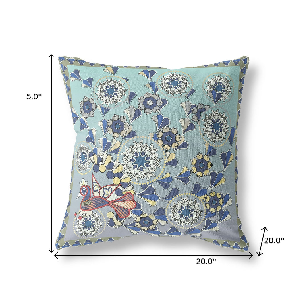 20" x 20" Aqua Peacock Blown Seam Floral Indoor Outdoor Throw Pillow