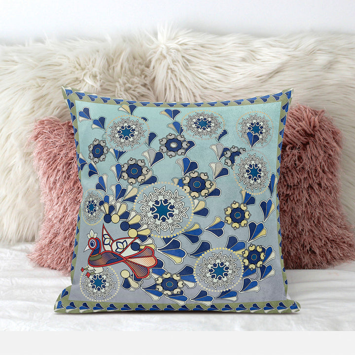 20" x 20" Aqua Peacock Blown Seam Floral Indoor Outdoor Throw Pillow