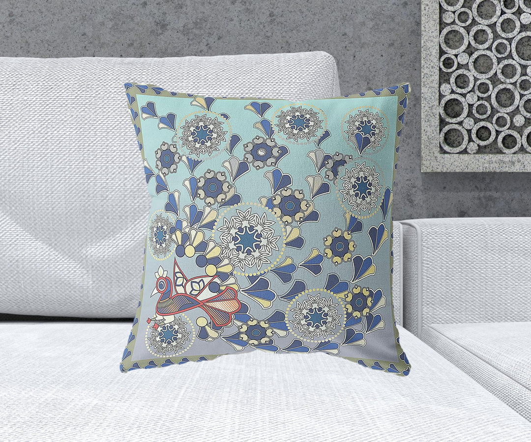 20" x 20" Aqua Peacock Blown Seam Floral Indoor Outdoor Throw Pillow