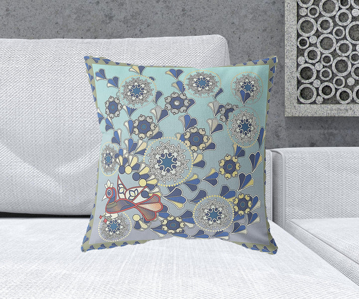 20" x 20" Aqua Peacock Blown Seam Floral Indoor Outdoor Throw Pillow