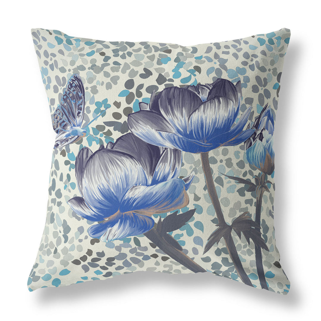 28" x 28" Indigo Butterfly Blown Seam Floral Indoor Outdoor Throw Pillow