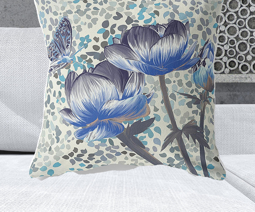 28" x 28" Indigo Butterfly Blown Seam Floral Indoor Outdoor Throw Pillow