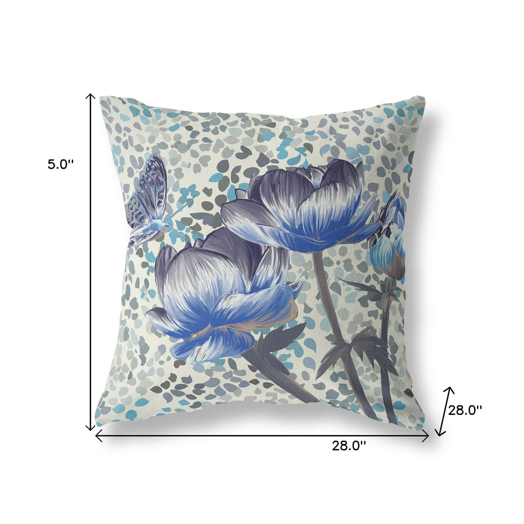 28" x 28" Indigo Butterfly Blown Seam Floral Indoor Outdoor Throw Pillow