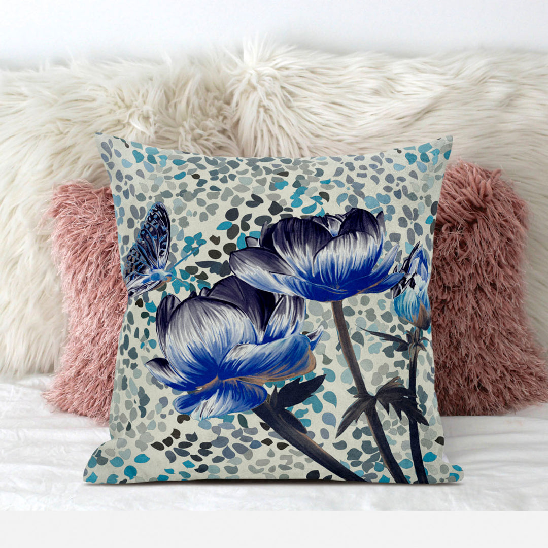 28" x 28" Indigo Butterfly Blown Seam Floral Indoor Outdoor Throw Pillow