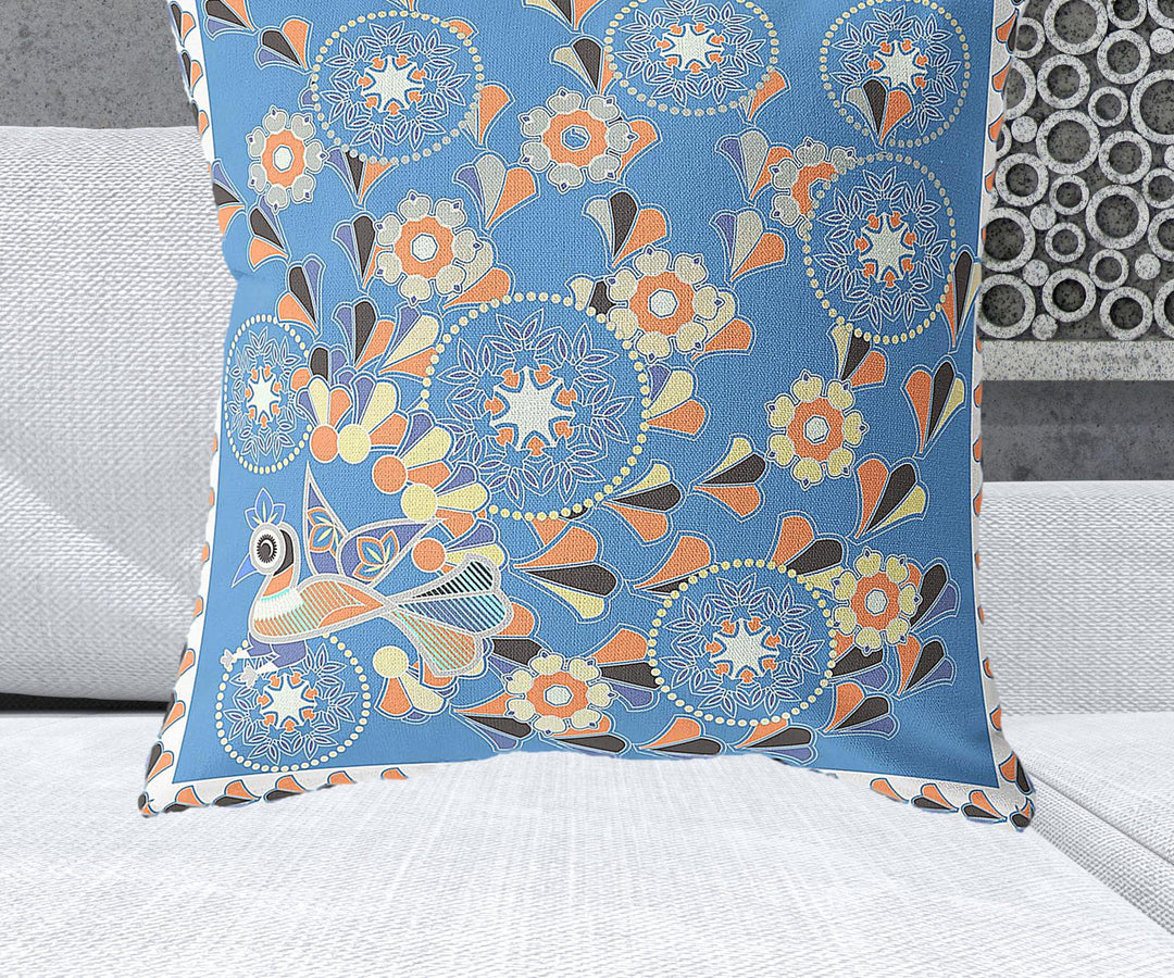 28" x 28" Blue and Orange Peacock Blown Seam Floral Indoor Outdoor Throw Pillow