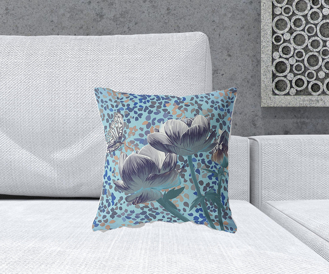 16" x 16" Indigo Butterfly Blown Seam Floral Indoor Outdoor Throw Pillow