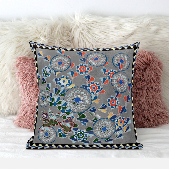 28" x 28" Gray Peacock Blown Seam Floral Indoor Outdoor Throw Pillow