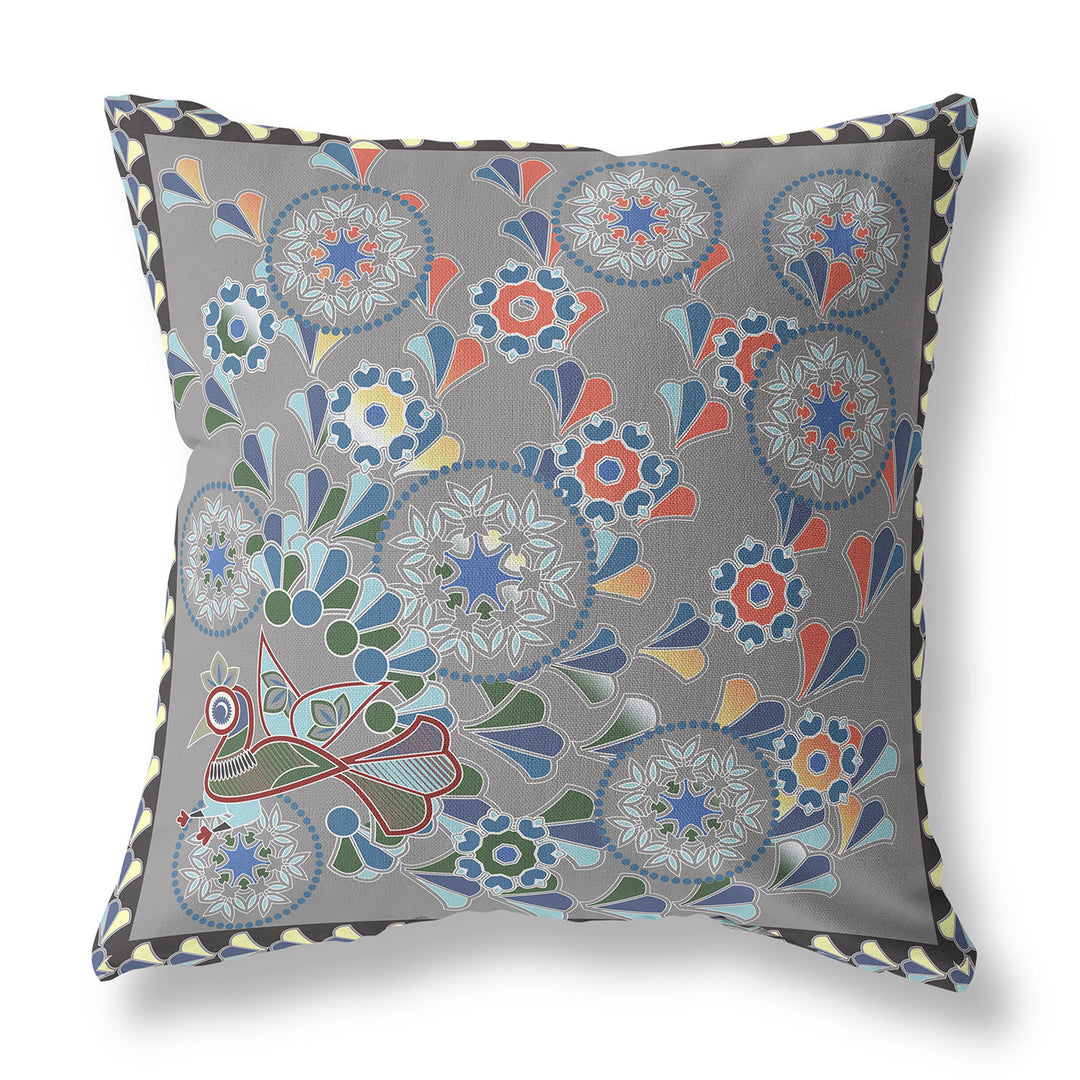 28" x 28" Gray Peacock Blown Seam Floral Indoor Outdoor Throw Pillow