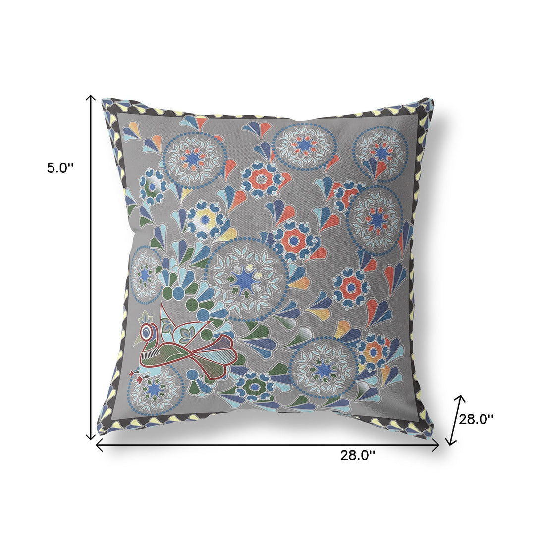 28" x 28" Gray Peacock Blown Seam Floral Indoor Outdoor Throw Pillow