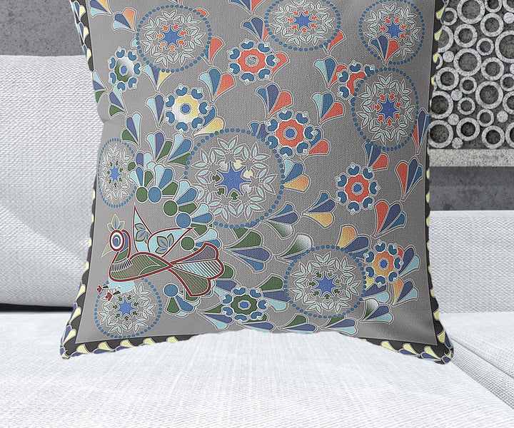 28" x 28" Gray Peacock Blown Seam Floral Indoor Outdoor Throw Pillow