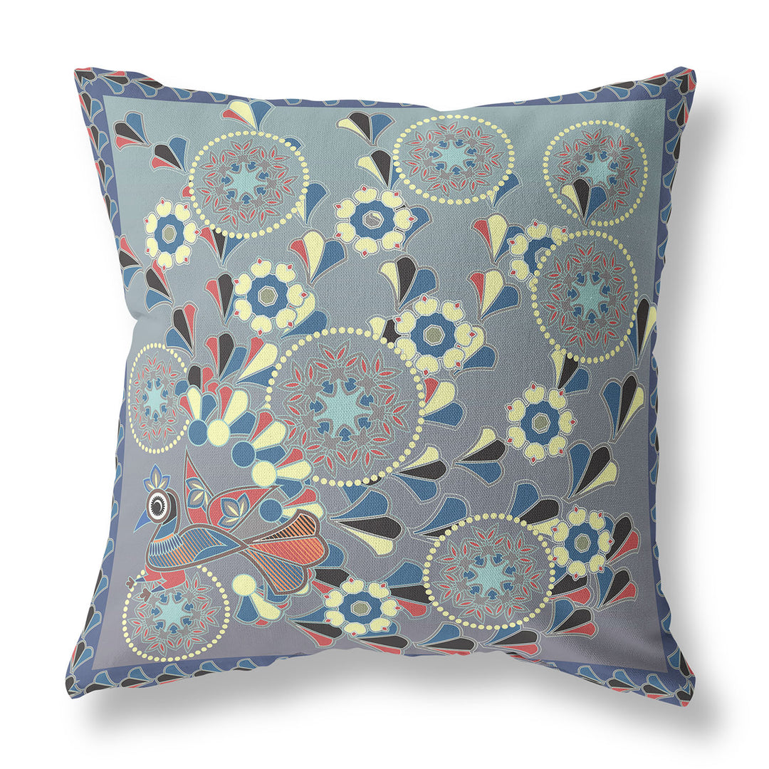 18" x 18" Blue and Gray Peacock Blown Seam Floral Indoor Outdoor Throw Pillow