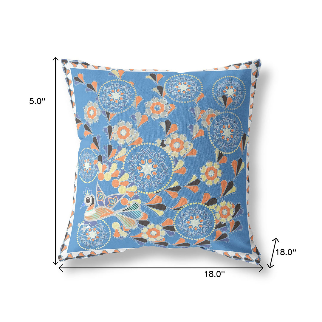 18" x 18" Blue and Orange Peacock Blown Seam Floral Indoor Outdoor Throw Pillow