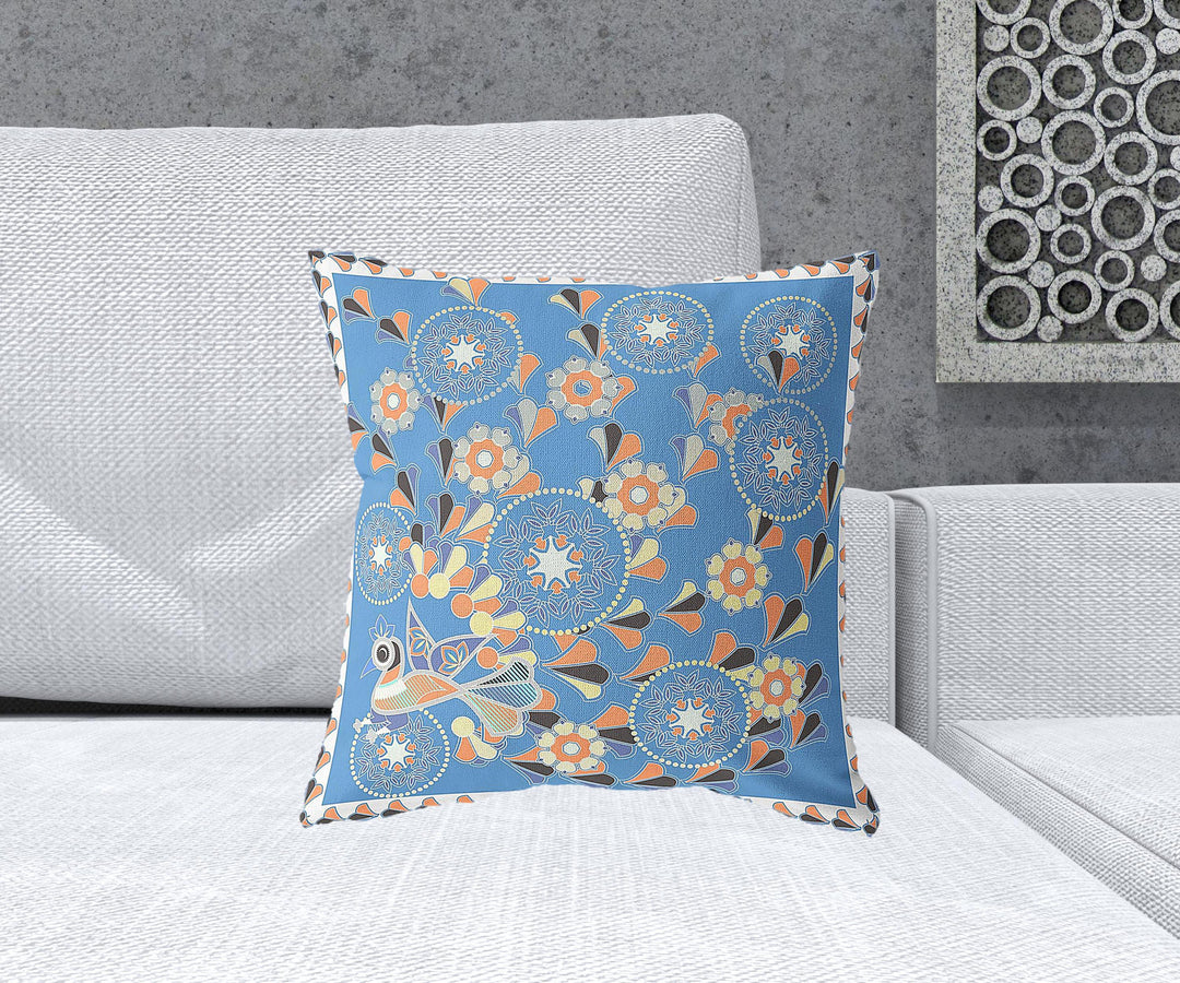 18" x 18" Blue and Orange Peacock Blown Seam Floral Indoor Outdoor Throw Pillow