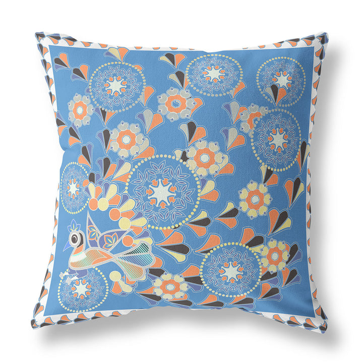 18" x 18" Blue and Orange Peacock Blown Seam Floral Indoor Outdoor Throw Pillow