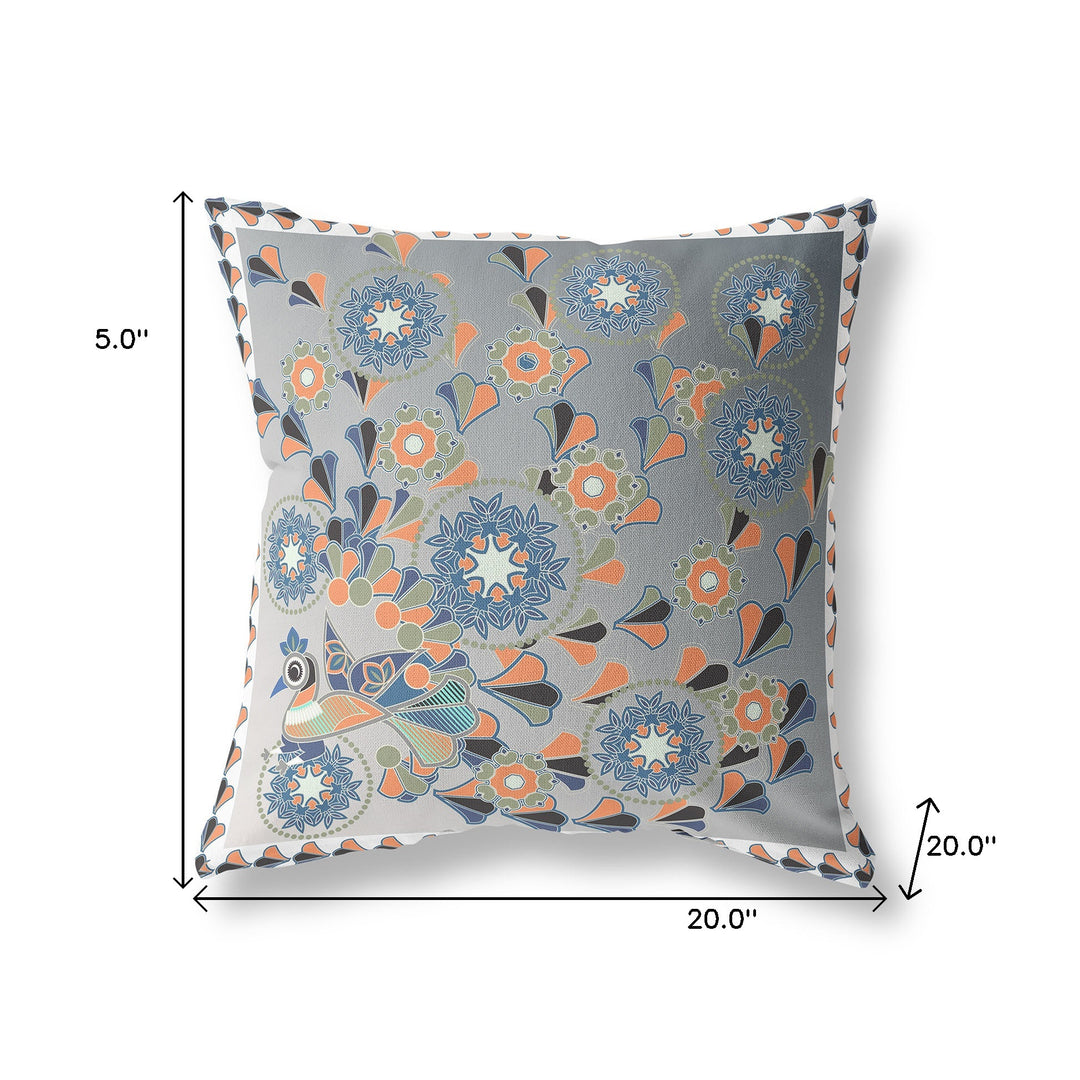 20" x 20" Gray and White Peacock Blown Seam Floral Indoor Outdoor Throw Pillow