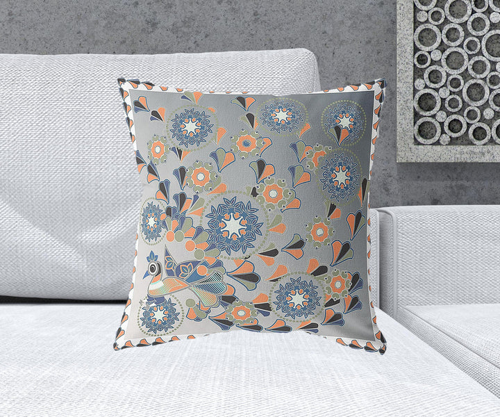 20" x 20" Gray and White Peacock Blown Seam Floral Indoor Outdoor Throw Pillow