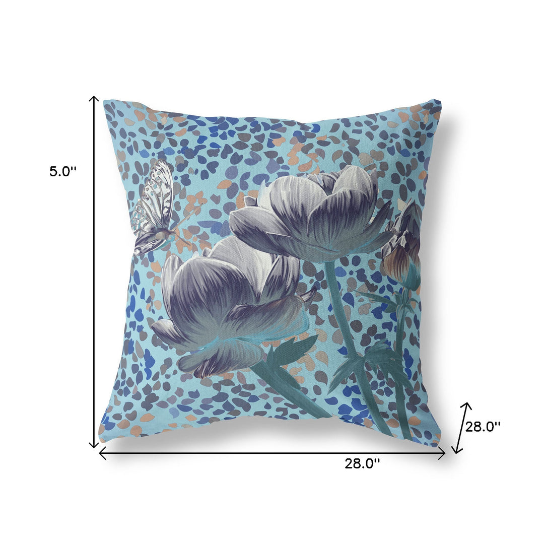 28" x 28" Indigo Butterfly Blown Seam Floral Indoor Outdoor Throw Pillow