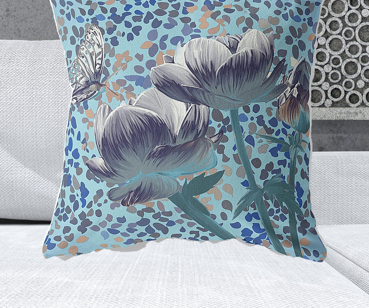 28" x 28" Indigo Butterfly Blown Seam Floral Indoor Outdoor Throw Pillow