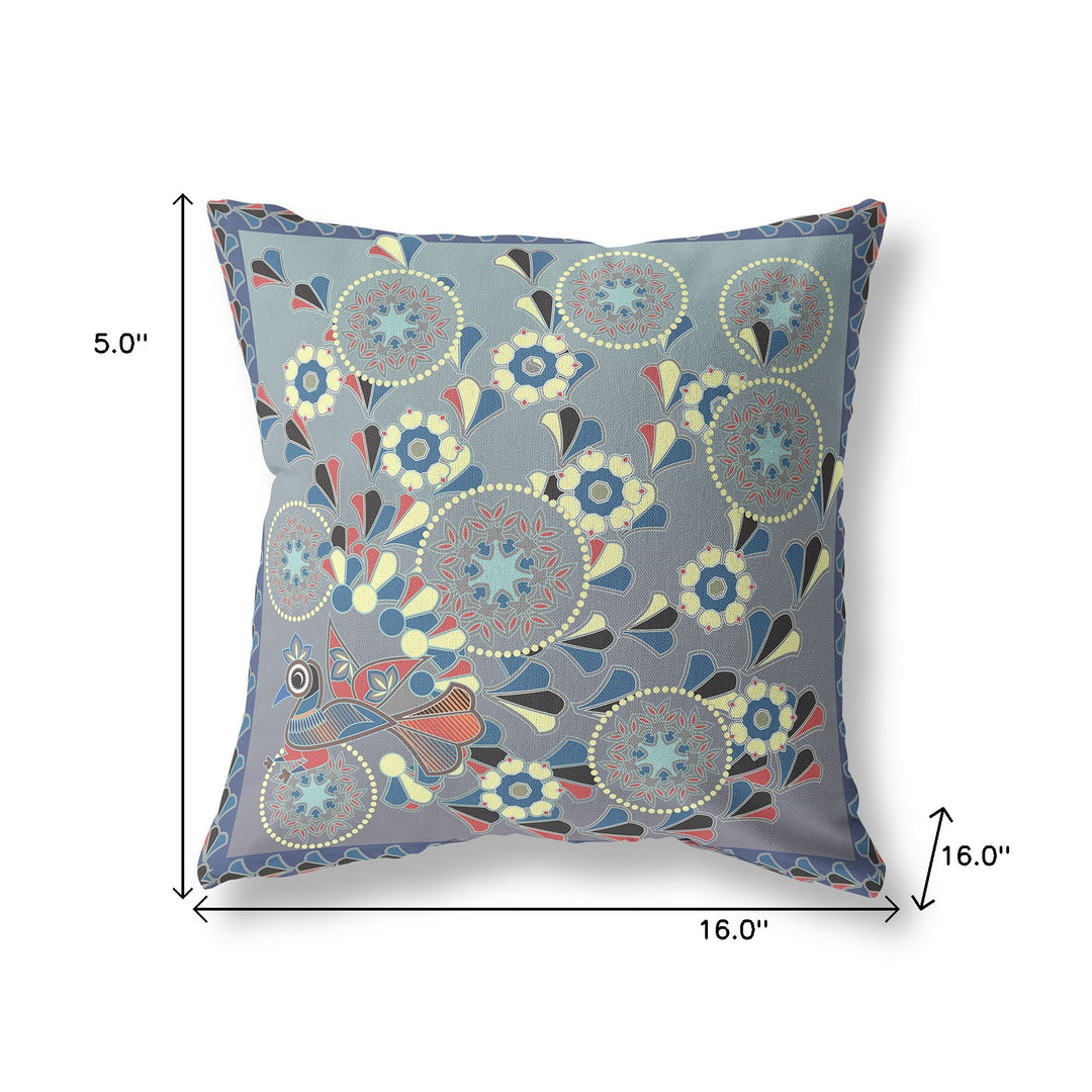 16" x 16" Blue and Gray Peacock Blown Seam Floral Indoor Outdoor Throw Pillow