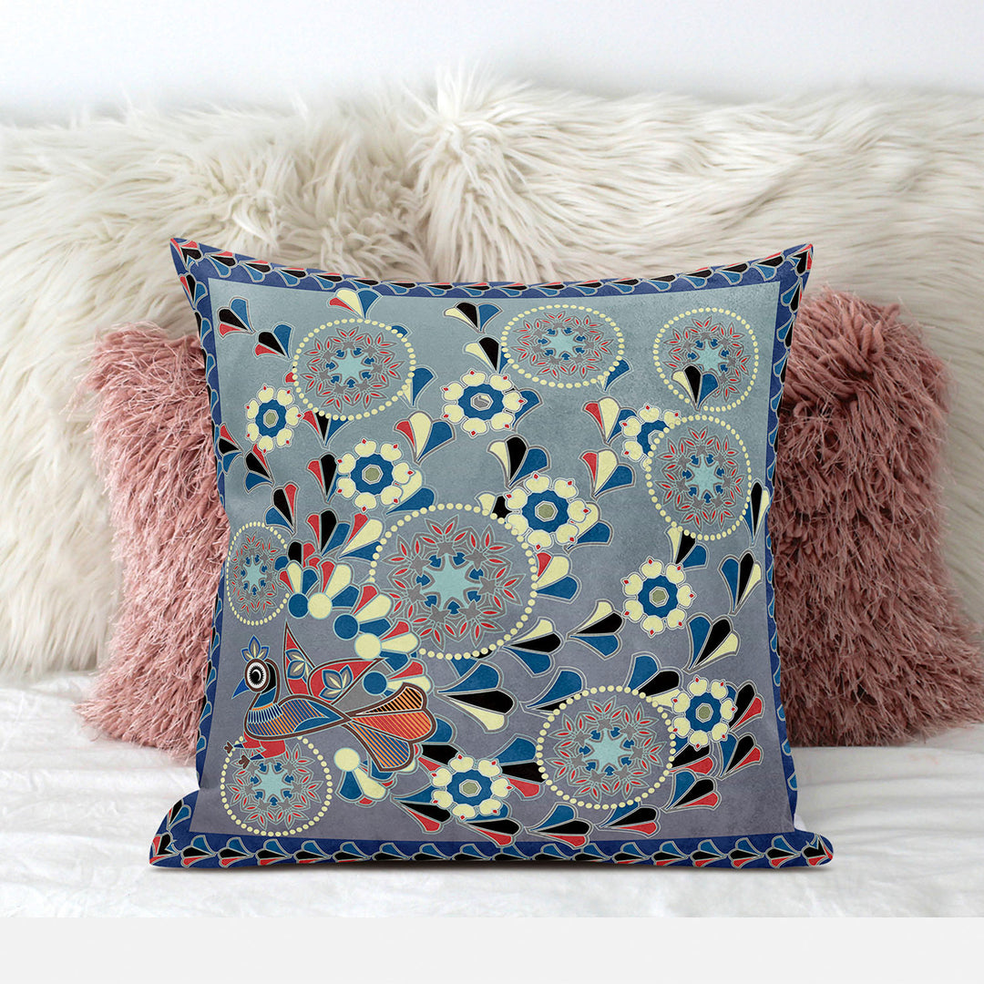 16" x 16" Blue and Gray Peacock Blown Seam Floral Indoor Outdoor Throw Pillow