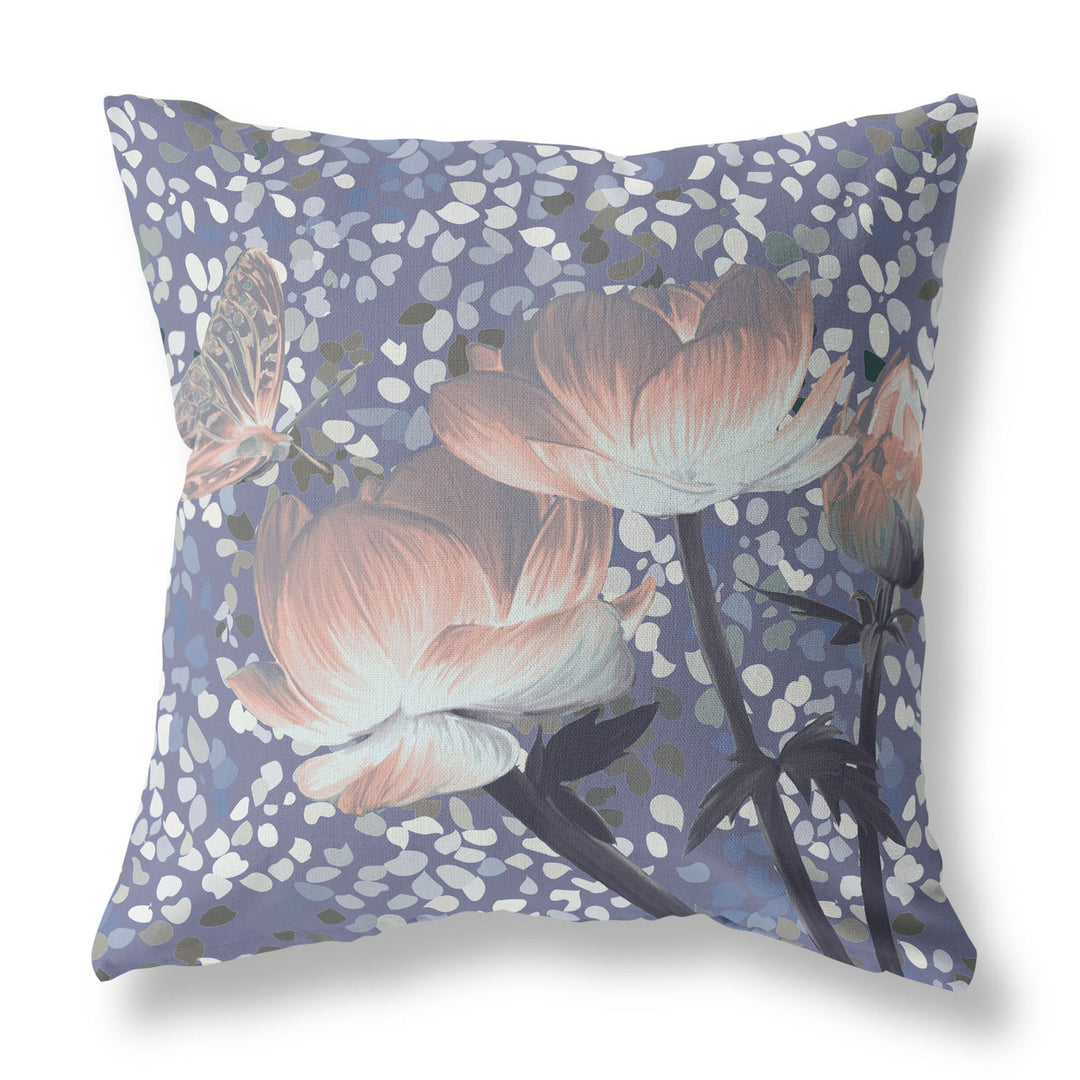 28" X 28" Blue and Gray Butterfly Blown Seam Floral Indoor Outdoor Throw Pillow