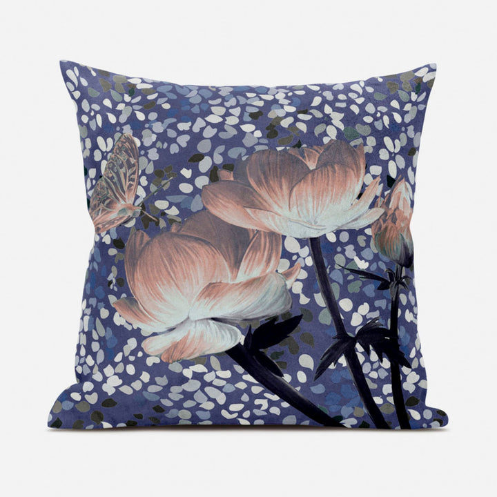 28" X 28" Blue and Gray Butterfly Blown Seam Floral Indoor Outdoor Throw Pillow