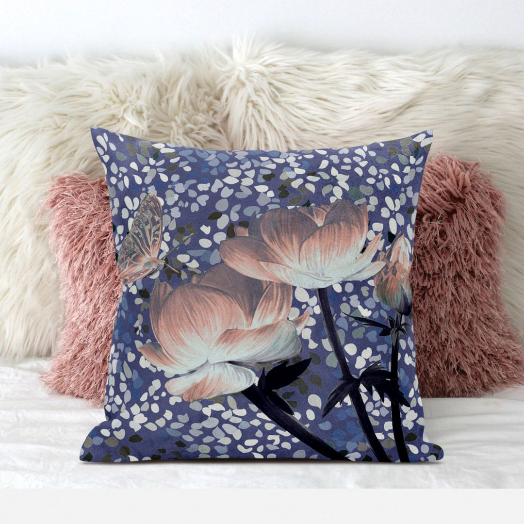 28" X 28" Blue and Gray Butterfly Blown Seam Floral Indoor Outdoor Throw Pillow