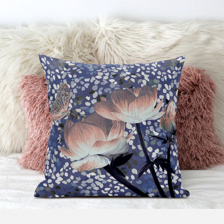 28" X 28" Blue and Gray Butterfly Blown Seam Floral Indoor Outdoor Throw Pillow