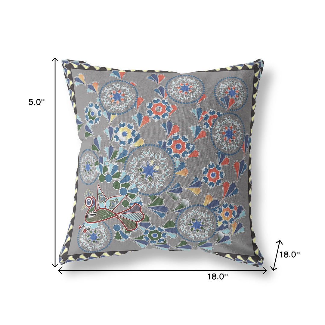 18" x 18" Gray Peacock Blown Seam Floral Indoor Outdoor Throw Pillow