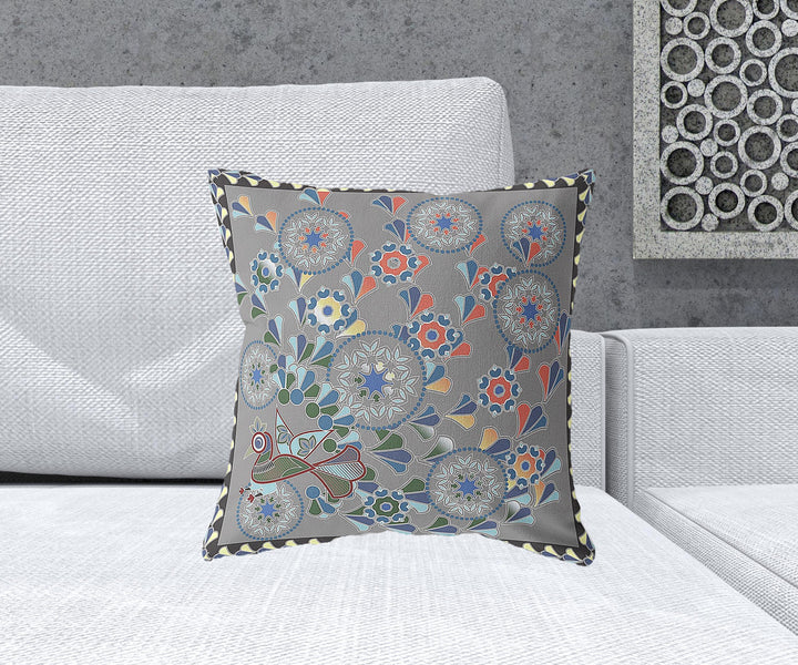 18" x 18" Gray Peacock Blown Seam Floral Indoor Outdoor Throw Pillow