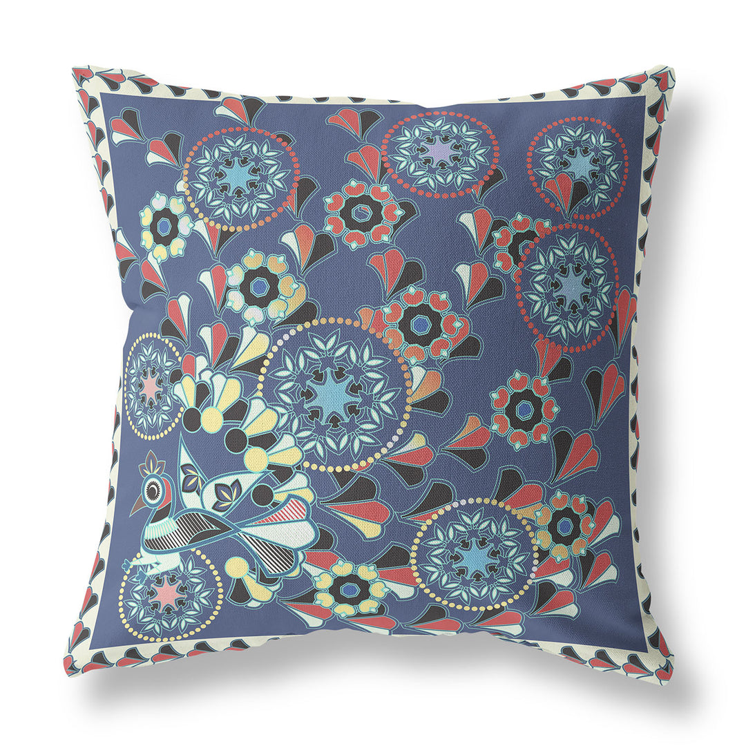 16" x 16" Blue and Off White Peacock Blown Seam Floral Indoor Outdoor Throw Pillow