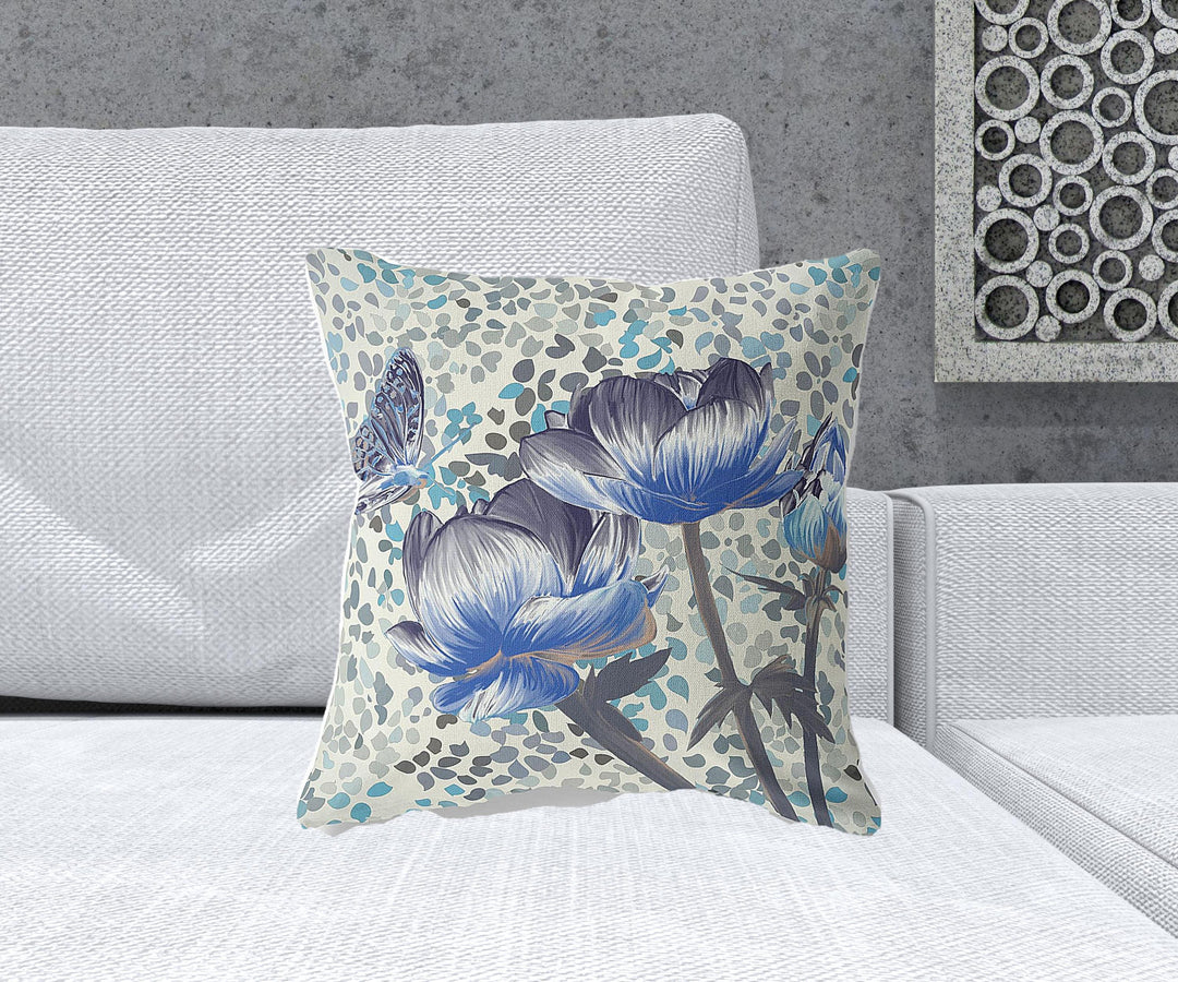 18" x 18" Indigo Butterfly Blown Seam Floral Indoor Outdoor Throw Pillow