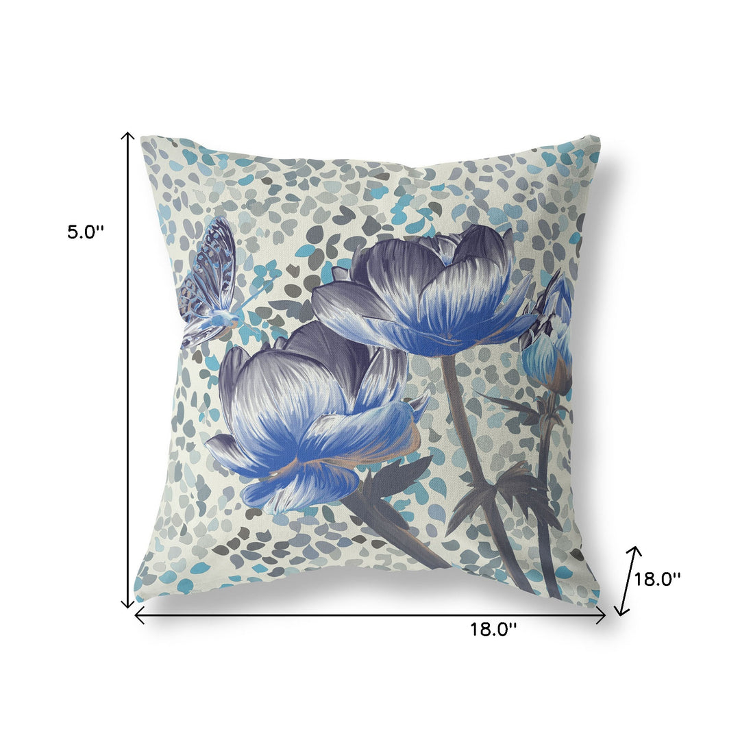 18" x 18" Indigo Butterfly Blown Seam Floral Indoor Outdoor Throw Pillow