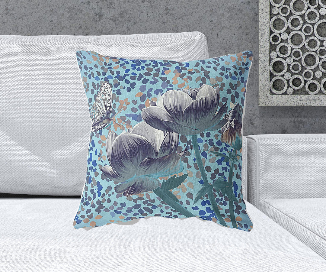 20" x 20" Indigo Butterfly Blown Seam Floral Indoor Outdoor Throw Pillow