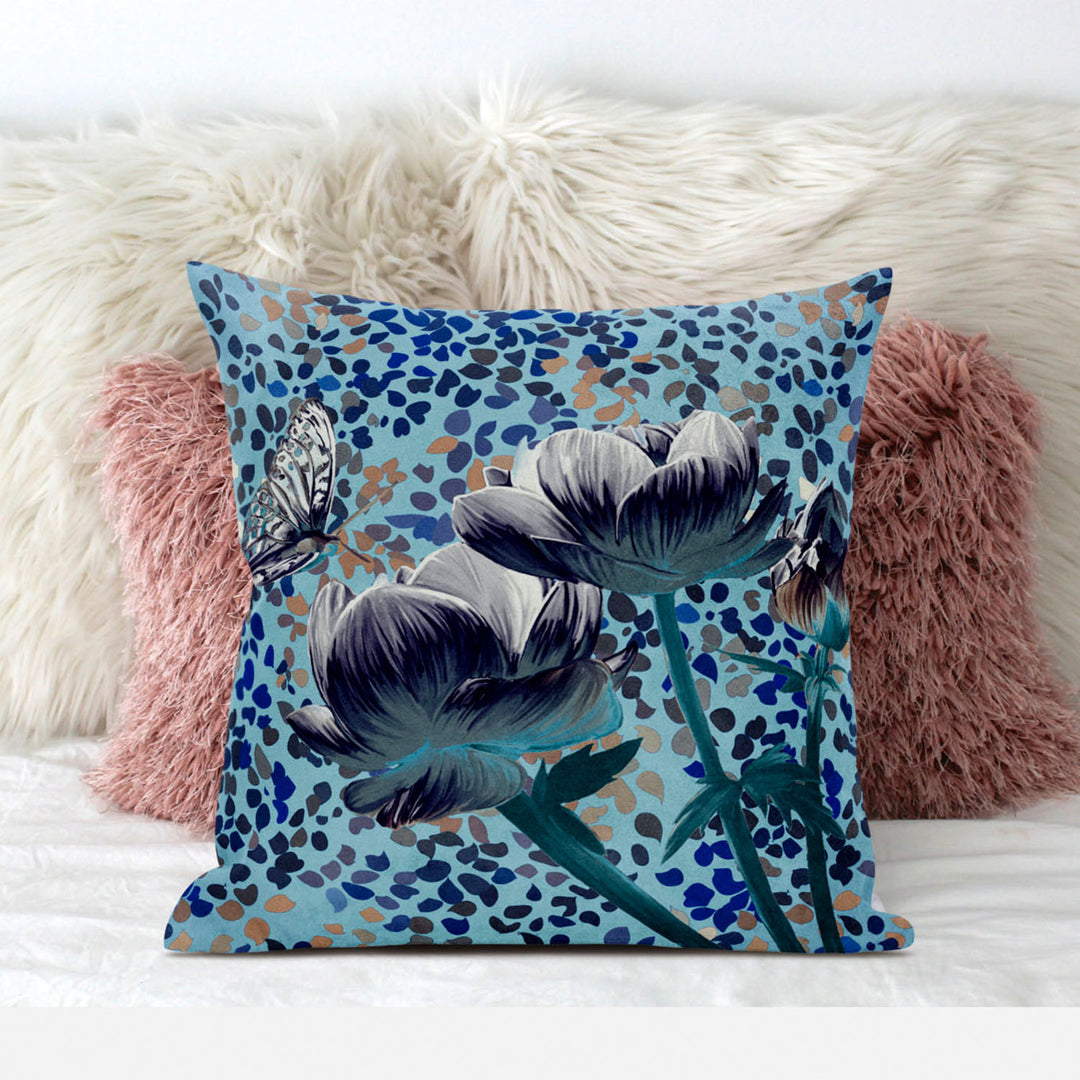 20" x 20" Indigo Butterfly Blown Seam Floral Indoor Outdoor Throw Pillow