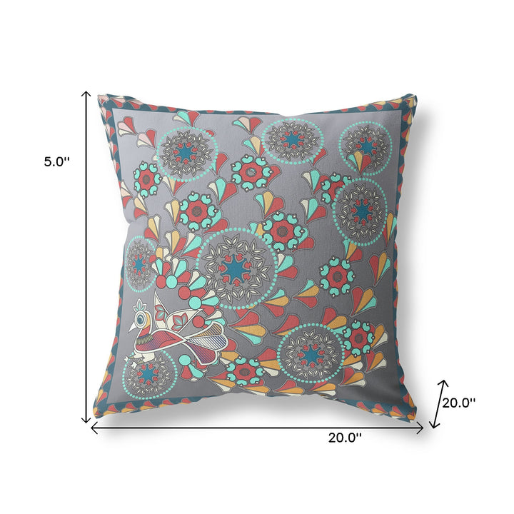 20" x 20" Gray Peacock Blown Seam Floral Indoor Outdoor Throw Pillow