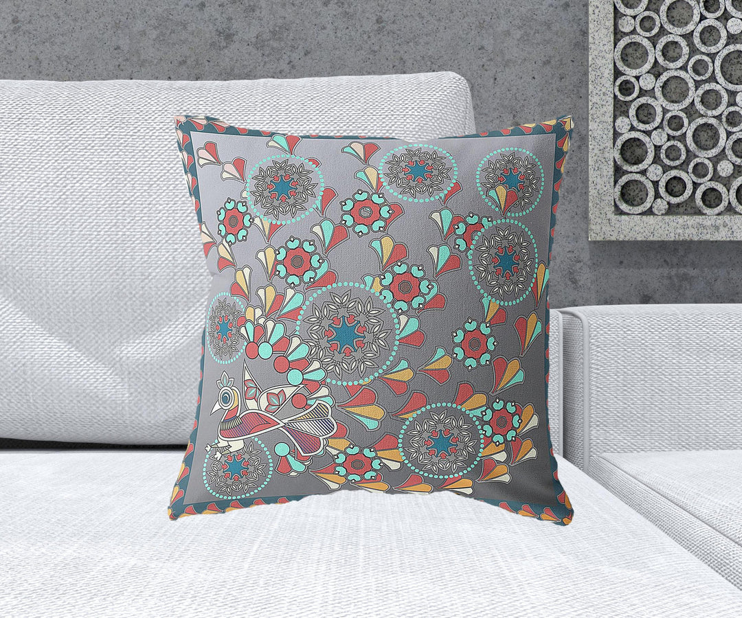 20" x 20" Gray Peacock Blown Seam Floral Indoor Outdoor Throw Pillow