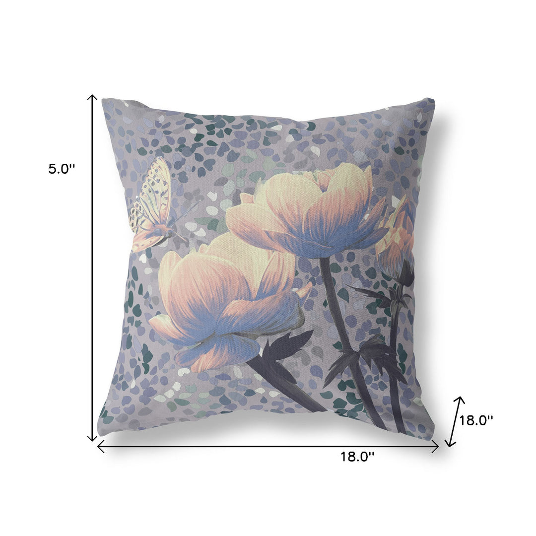 18" x 18" Gray Butterfly Blown Seam Floral Indoor Outdoor Throw Pillow