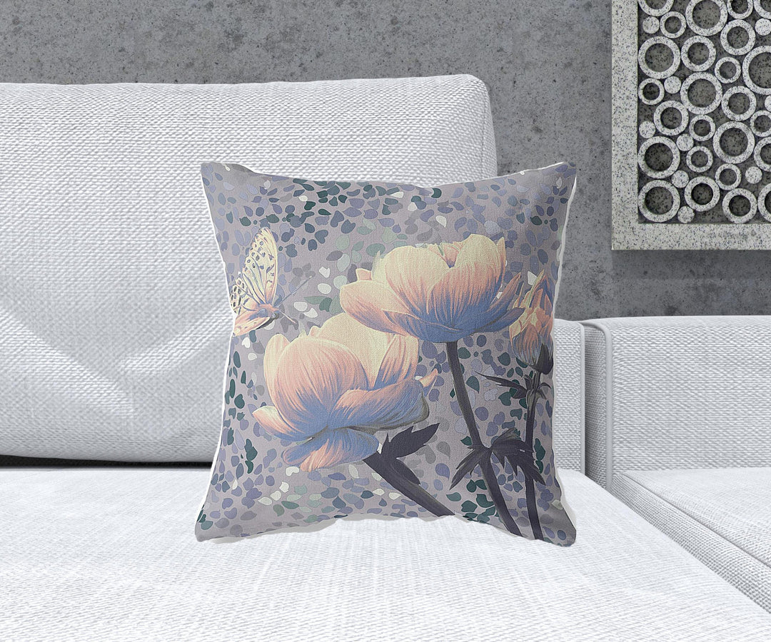 18" x 18" Gray Butterfly Blown Seam Floral Indoor Outdoor Throw Pillow