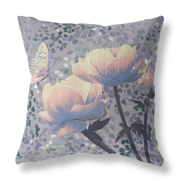 18" x 18" Gray Butterfly Blown Seam Floral Indoor Outdoor Throw Pillow