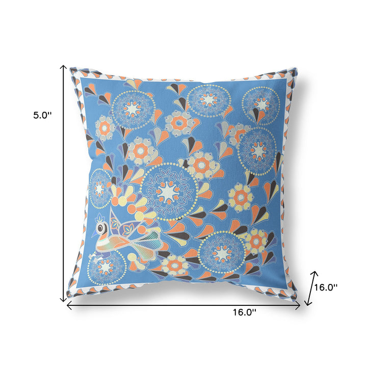 16" x 16" Blue and Orange Peacock Blown Seam Floral Indoor Outdoor Throw Pillow