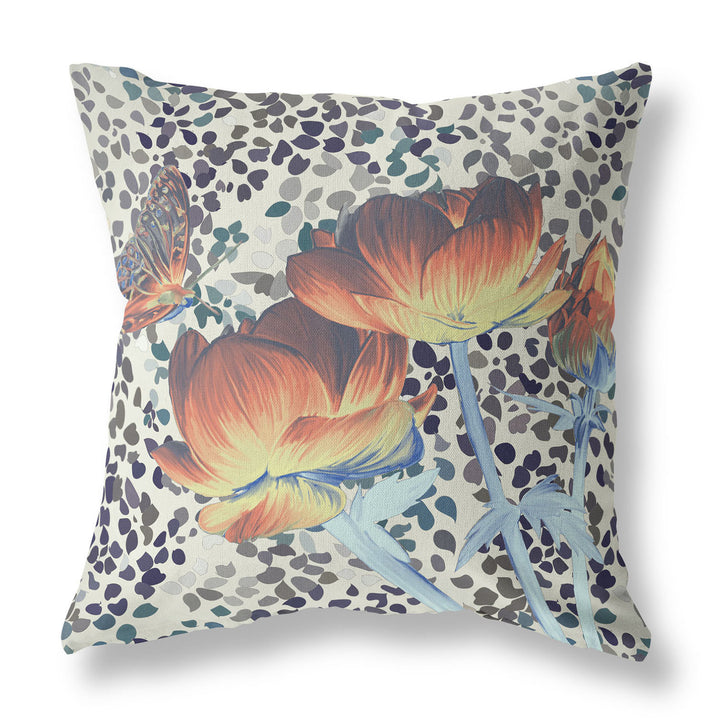 20" x 20" Orange Butterfly Blown Seam Floral Indoor Outdoor Throw Pillow