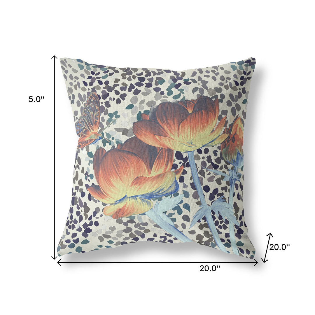 20" x 20" Orange Butterfly Blown Seam Floral Indoor Outdoor Throw Pillow