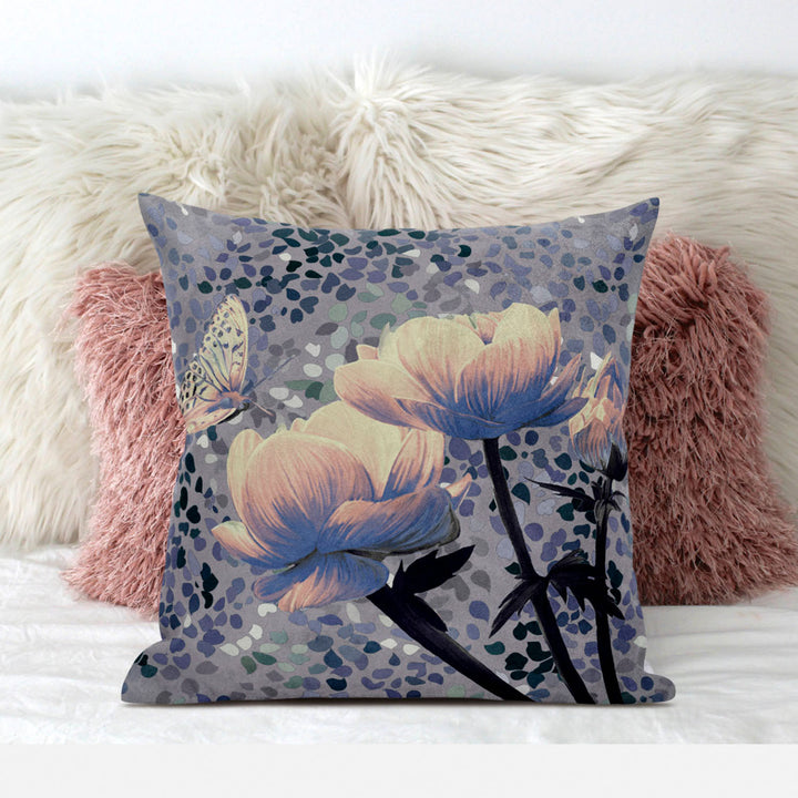 28" x 28" Gray Butterfly Blown Seam Floral Indoor Outdoor Throw Pillow