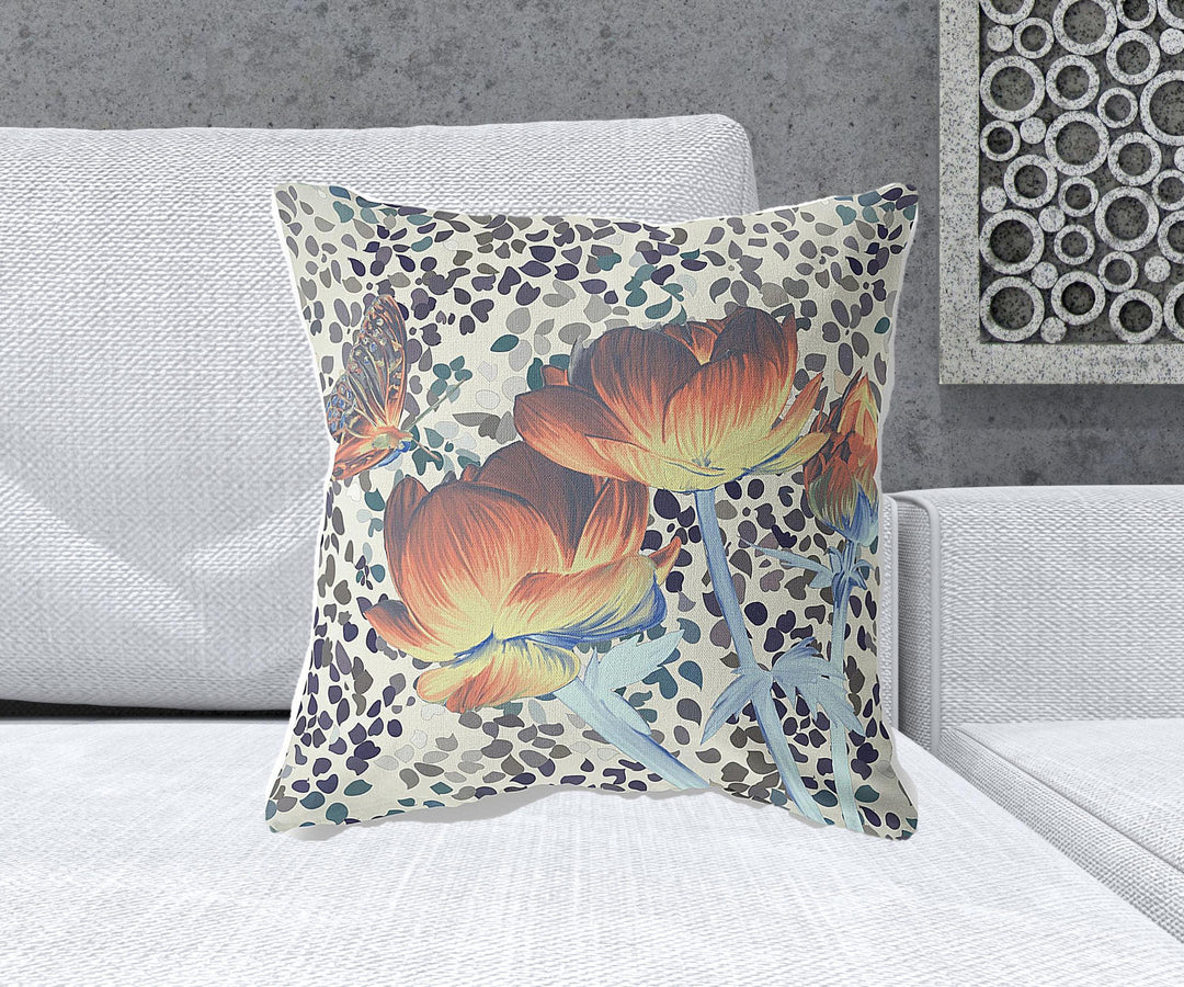 20" x 20" Orange Butterfly Blown Seam Floral Indoor Outdoor Throw Pillow